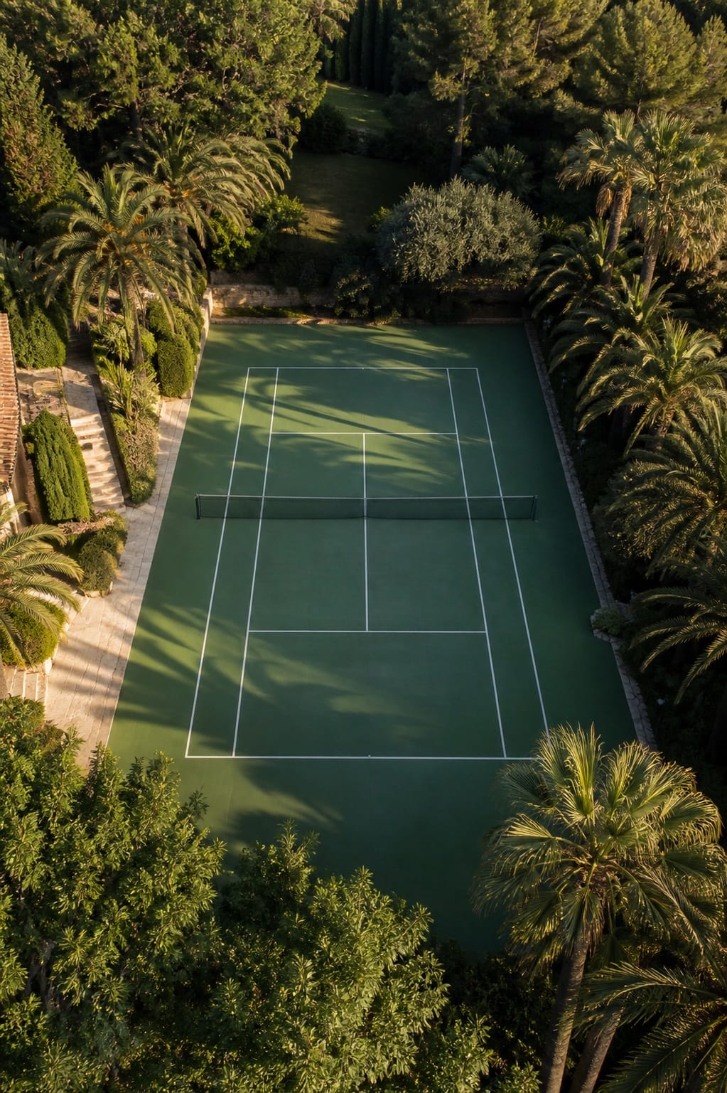 Pista privada entre jardines y casas, vista desde el aire